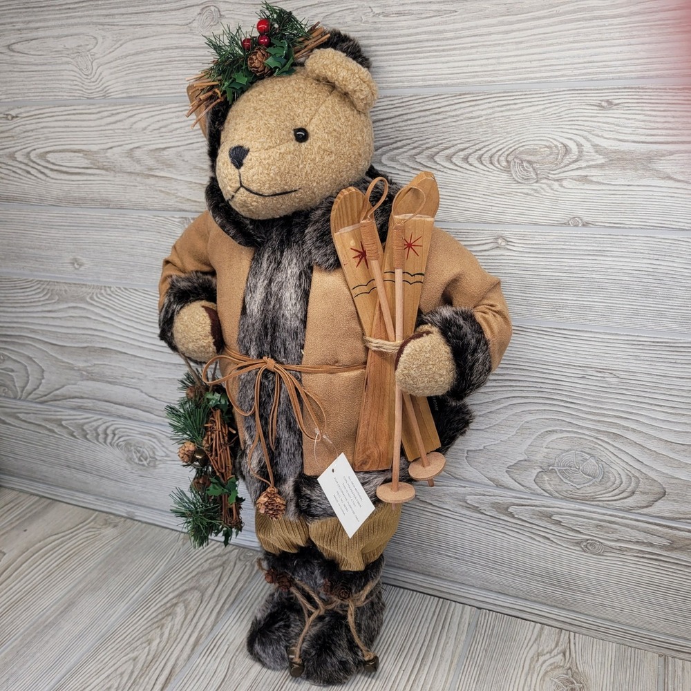 Dennis Basso‎ Home Winter Standing Rustic Bear Holding Skis Faux Fur Boots 21"